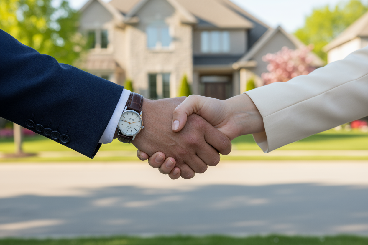 handshake close up residential in background