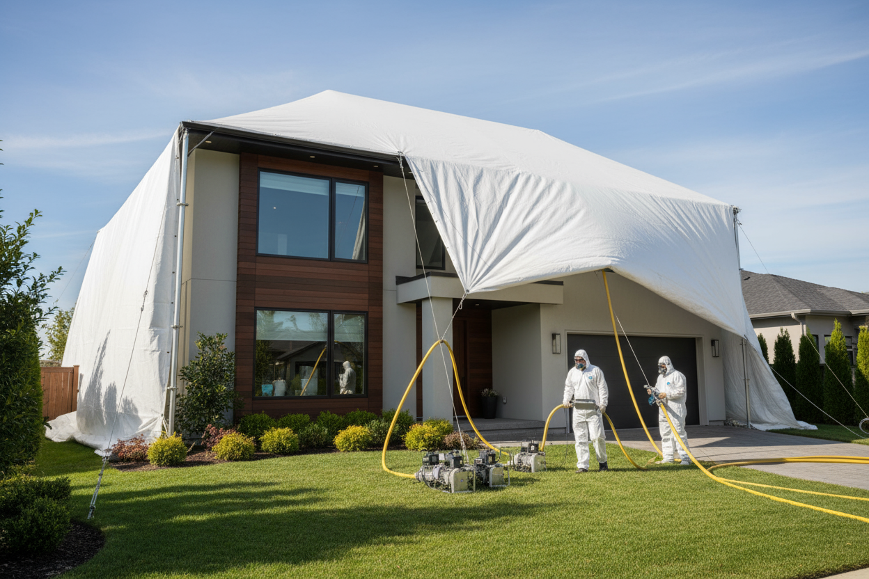 pest control fumigation. no logos, no signs. residential building 